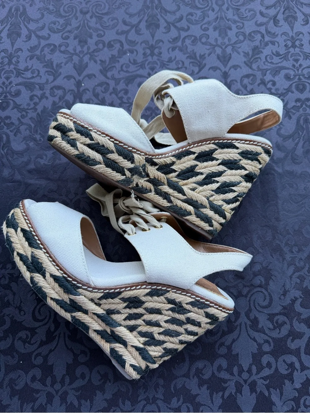 Tory Burch Linley High Wedge Espadrille Sandals Sz 6 Ivory Black Canvas Lace Up